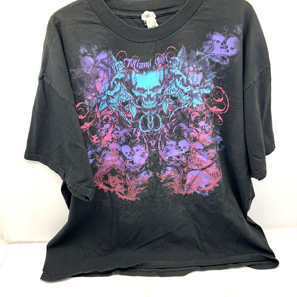 "Miami Ink" Tattoo Skull Black Purple/Turquoise Skull Print Men 2X